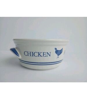 Vintage Chicken Soup Bowl F.T.D.A 1985 Korea Ceramic Blue White Handled Dish